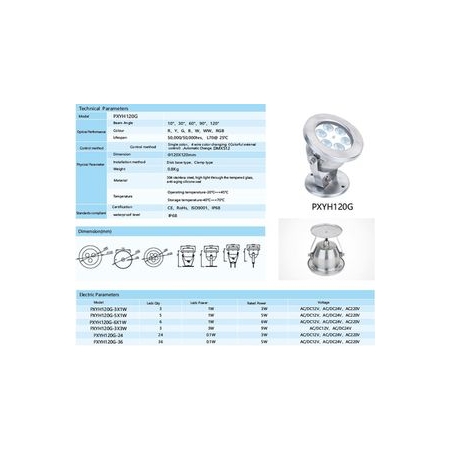 Reflektor podwodny LED  PXYH120G 3 / 5 / 6 /  9 Watt dowolny kolor + RGB  IP68 stal nierdz.